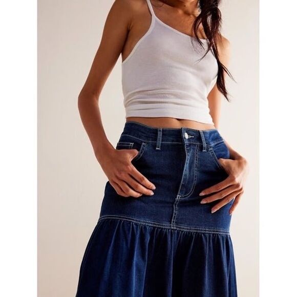 Free People We The Free Jordan Maxi Skirt Denim High Rise Stretch Dark Wash 0&6 - Picture 5 of 9